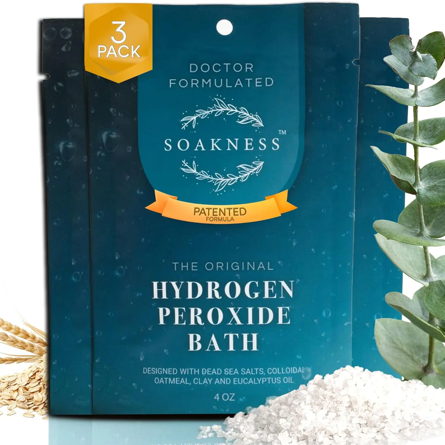 A three-pack of doctor-formulated hydrogen peroxide bath soak with epsom and magnesium salts for muscle recovery, skin detoxification, and a relaxing at-home spa experience.