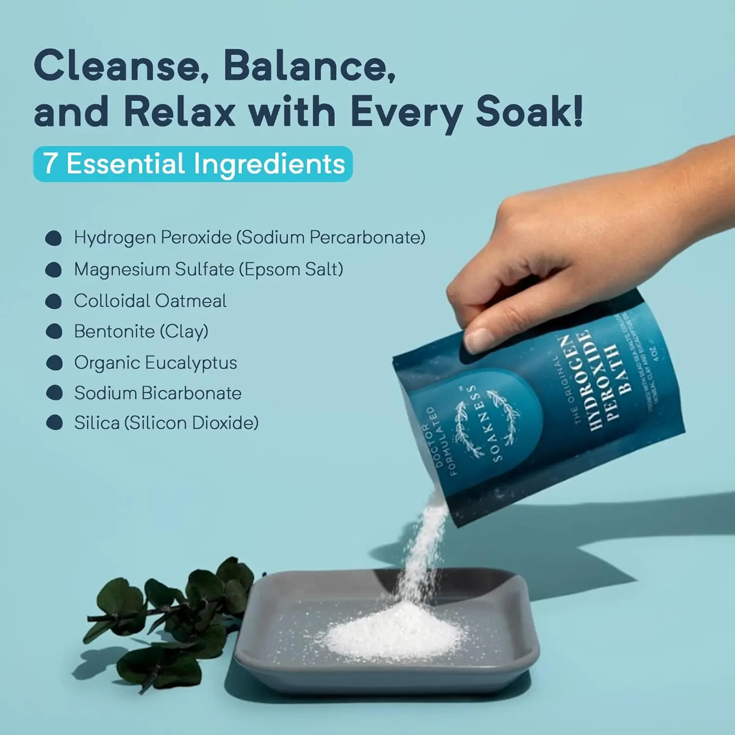 A three-pack of doctor-formulated hydrogen peroxide bath soak with epsom and magnesium salts for muscle recovery, skin detoxification, and a relaxing at-home spa experience.