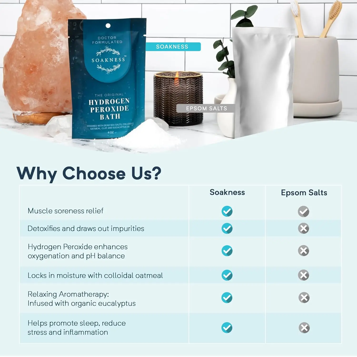 A three-pack of doctor-formulated hydrogen peroxide bath soak with epsom and magnesium salts for muscle recovery, skin detoxification, and a relaxing at-home spa experience.