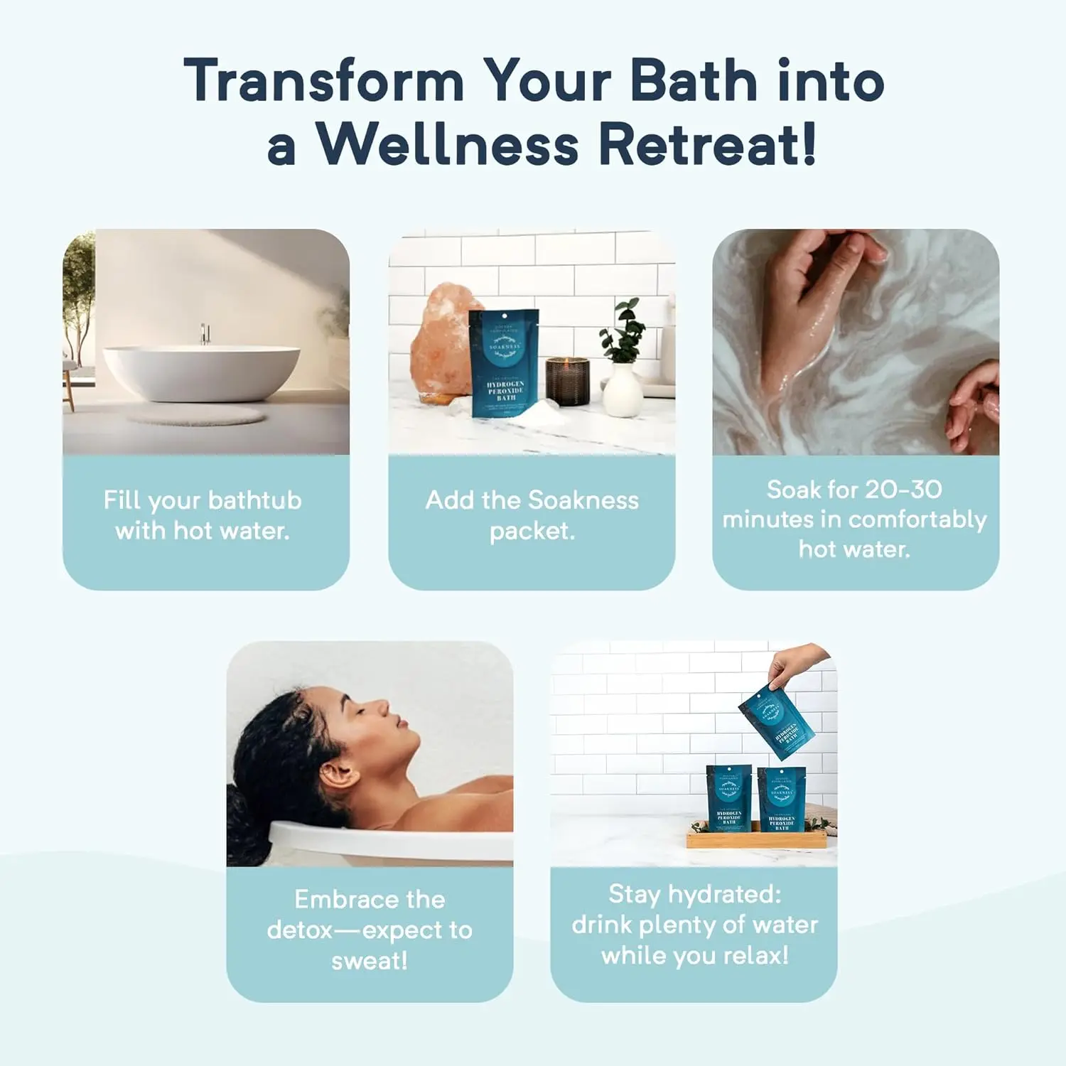 A three-pack of doctor-formulated hydrogen peroxide bath soak with epsom and magnesium salts for muscle recovery, skin detoxification, and a relaxing at-home spa experience.