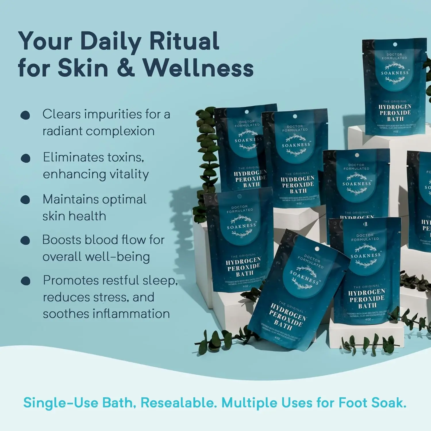 A three-pack of doctor-formulated hydrogen peroxide bath soak with epsom and magnesium salts for muscle recovery, skin detoxification, and a relaxing at-home spa experience.