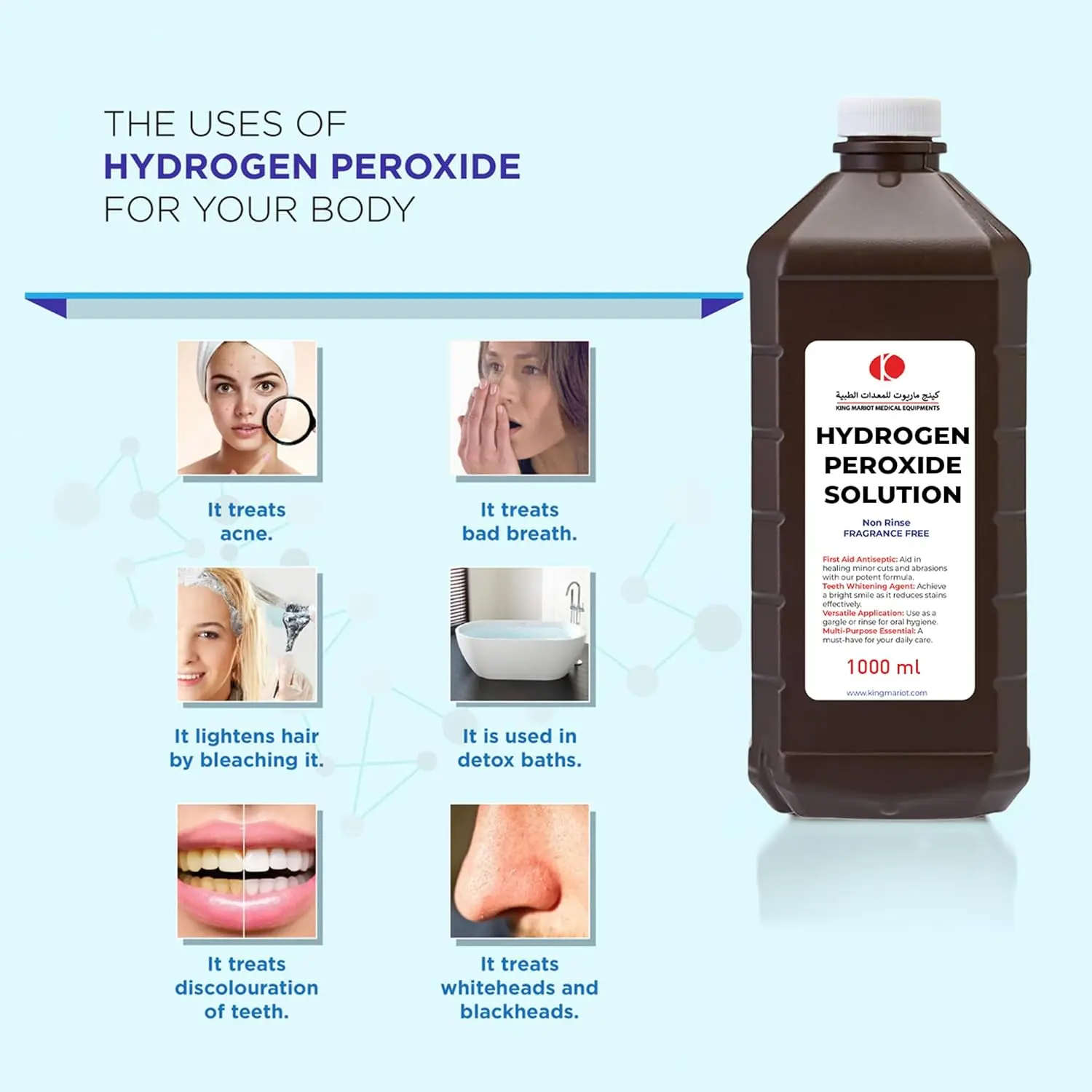 King Mariot Medical Equipments hydrogen peroxide solution available in 3%, 6%, 12%, and 30% concentrations for teeth whitening, mild disinfection, and acne scar treatment.