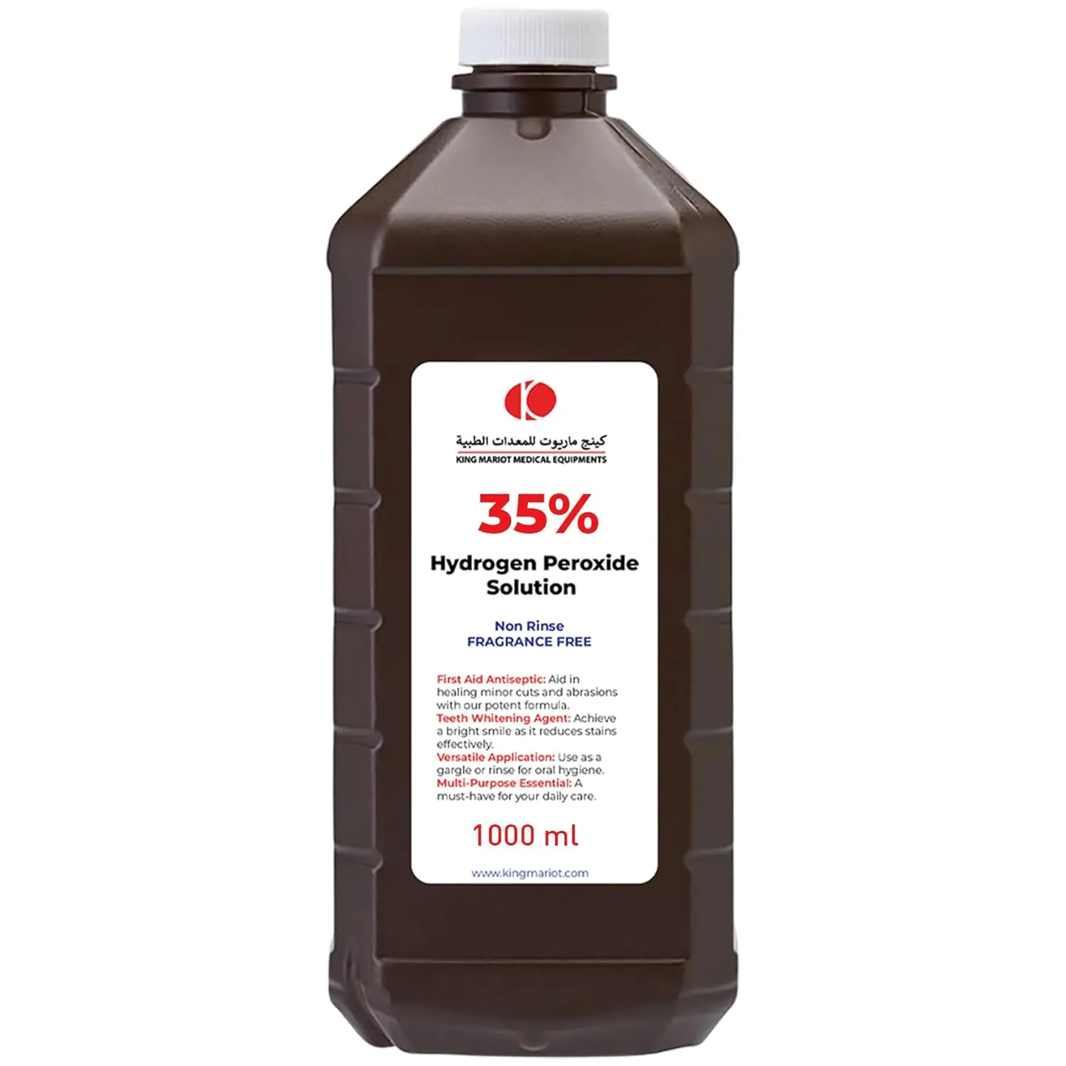 King Mariot Medical Equipments hydrogen peroxide solution available in 3%, 6%, 12%, and 30% concentrations for teeth whitening, mild disinfection, and acne scar treatment.