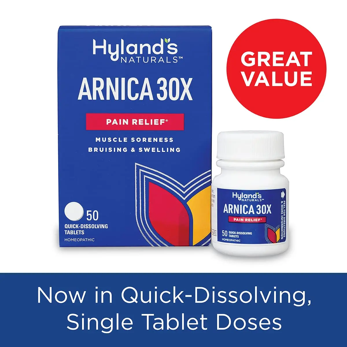 Hyland's Homeopathic Arnica Pain Relief quick-dissolving tablets provide natural pain relief in a convenient form.