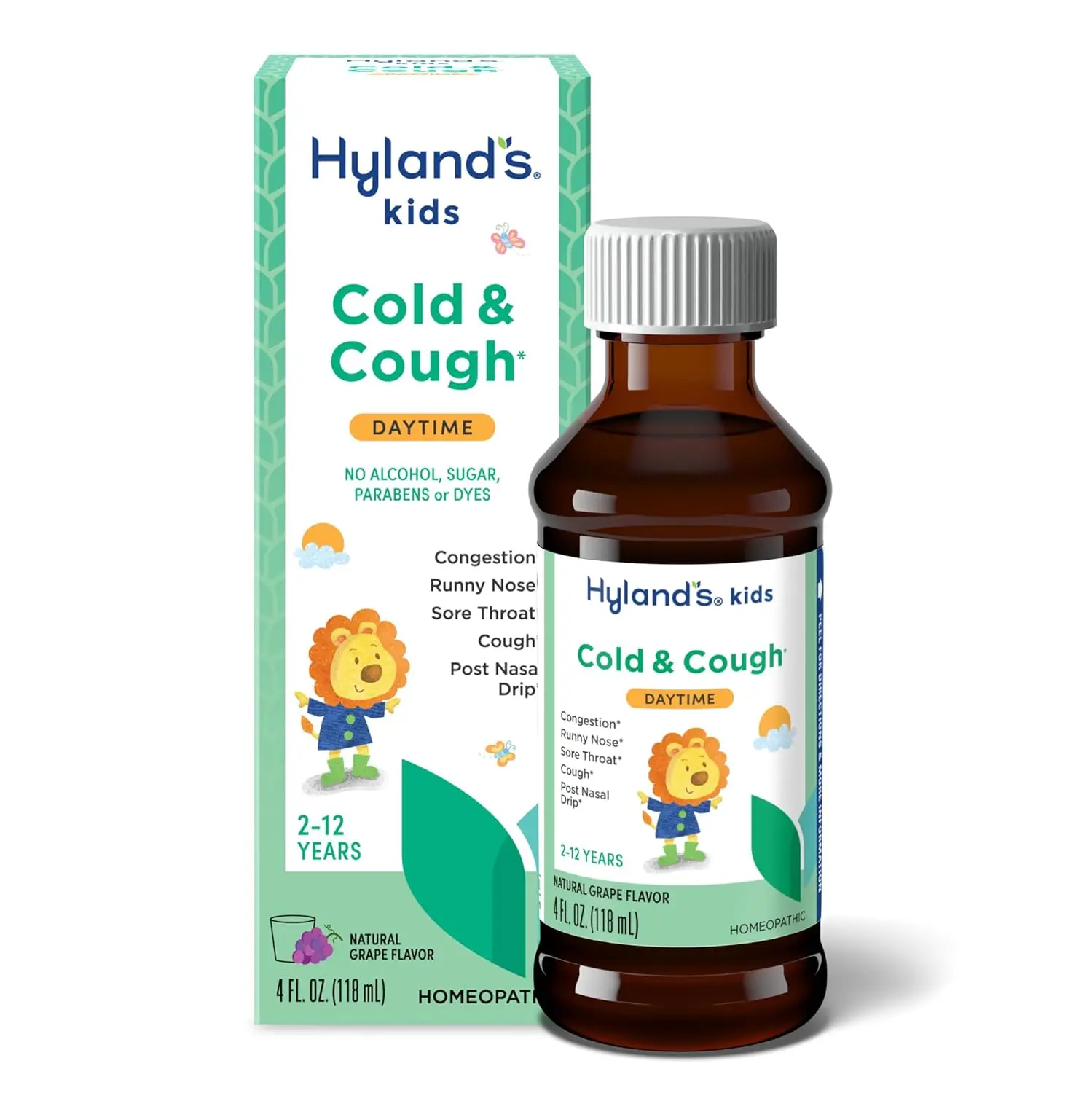 Two bottles of Hyland's 4 Kids Cold 'n Cough medication for ages 2-12, manufactured by HYL-30751 and designed to relieve cold and cough symptoms.