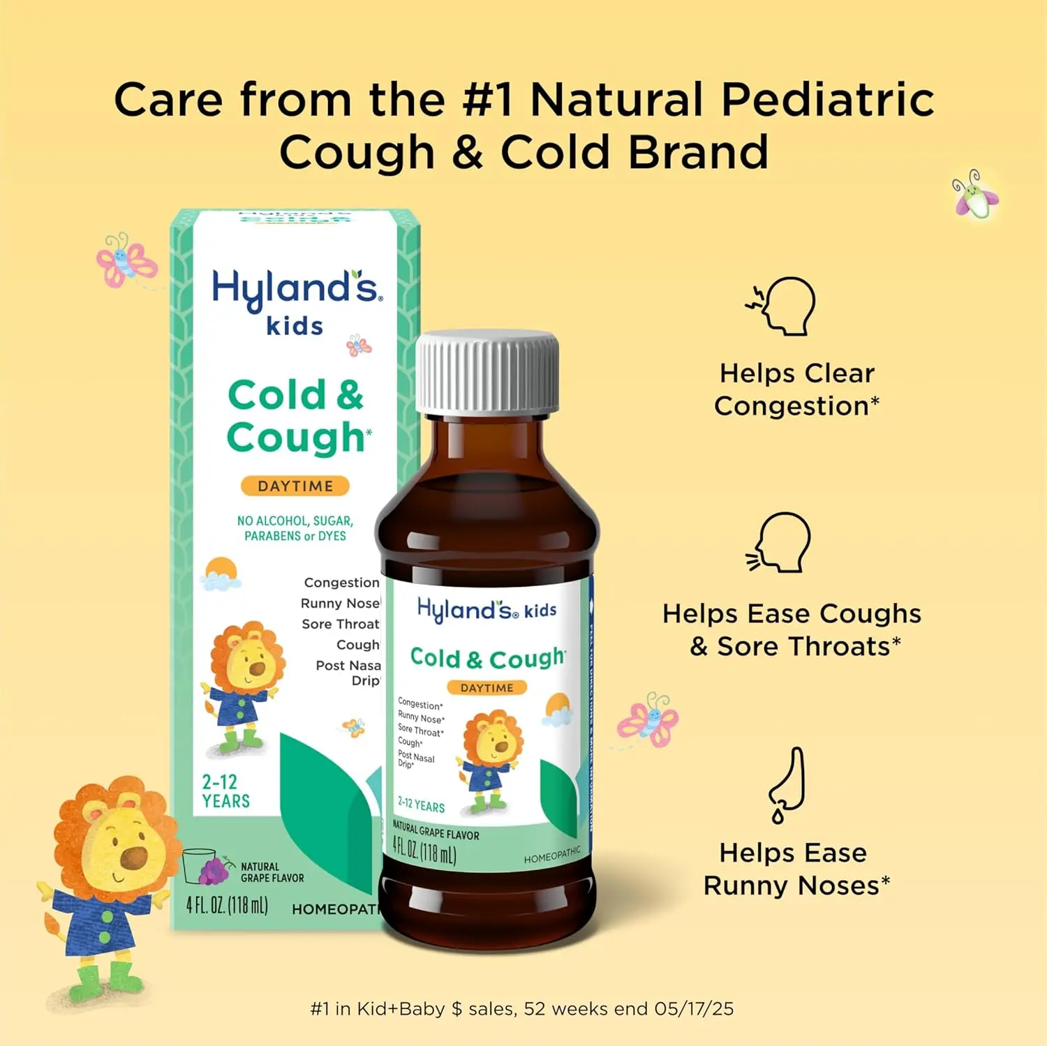 Two bottles of Hyland's 4 Kids Cold 'n Cough medication for ages 2-12, manufactured by HYL-30751 and designed to relieve cold and cough symptoms.