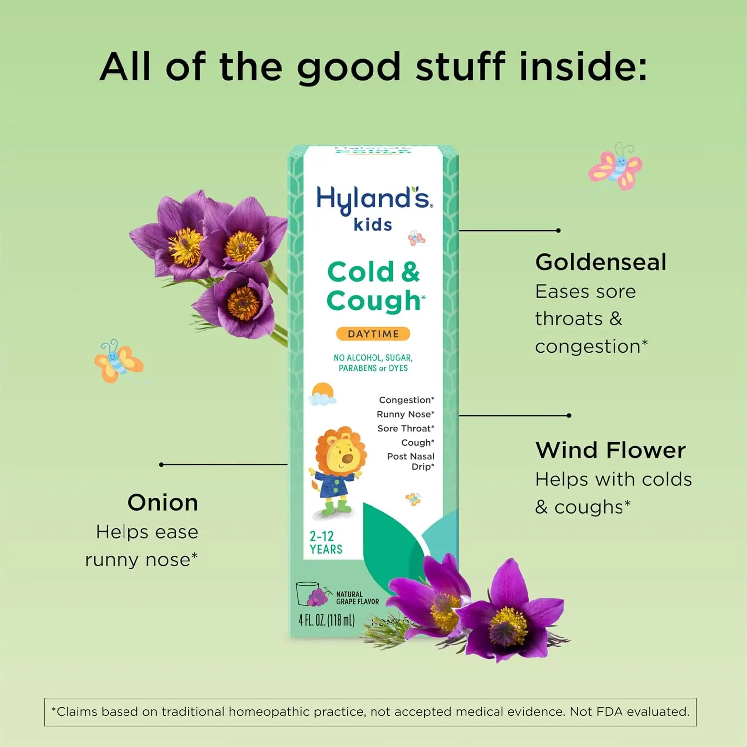 Two bottles of Hyland's 4 Kids Cold 'n Cough medication for ages 2-12, manufactured by HYL-30751 and designed to relieve cold and cough symptoms.