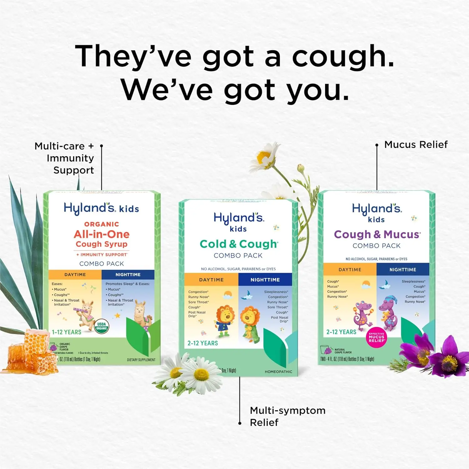 Two bottles of Hyland's 4 Kids Cold 'n Cough medication for ages 2-12, manufactured by HYL-30751 and designed to relieve cold and cough symptoms.