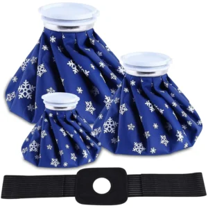 This set includes three reusable ice bags in small, medium, and large sizes, plus an elastic support wrap, for applying cold or hot therapy to relieve pain and swelling from injuries.