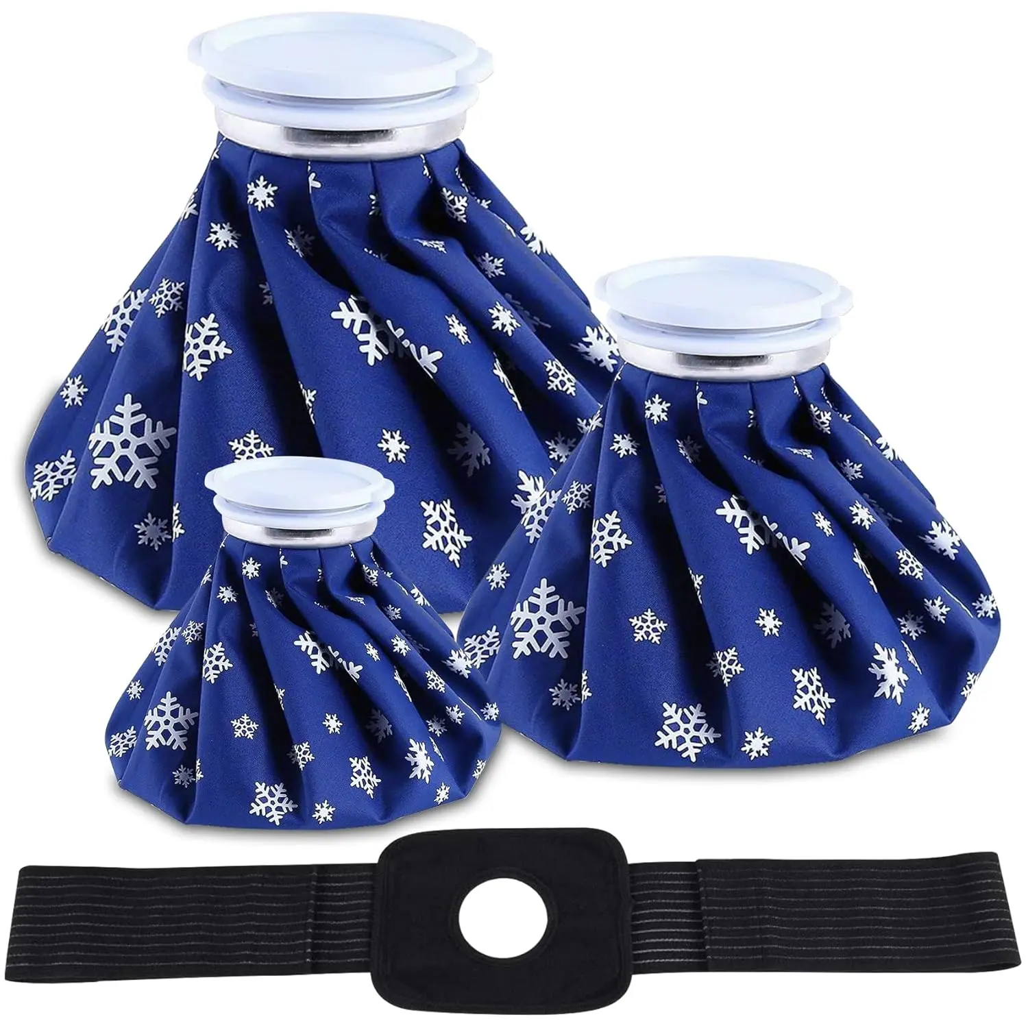 This set includes three reusable ice bags in small, medium, and large sizes, plus an elastic support wrap, for applying cold or hot therapy to relieve pain and swelling from injuries.
