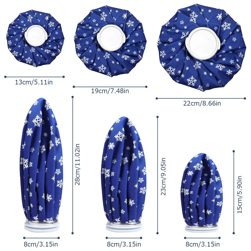 This set includes three reusable ice bags in small, medium, and large sizes, plus an elastic support wrap, for applying cold or hot therapy to relieve pain and swelling from injuries.