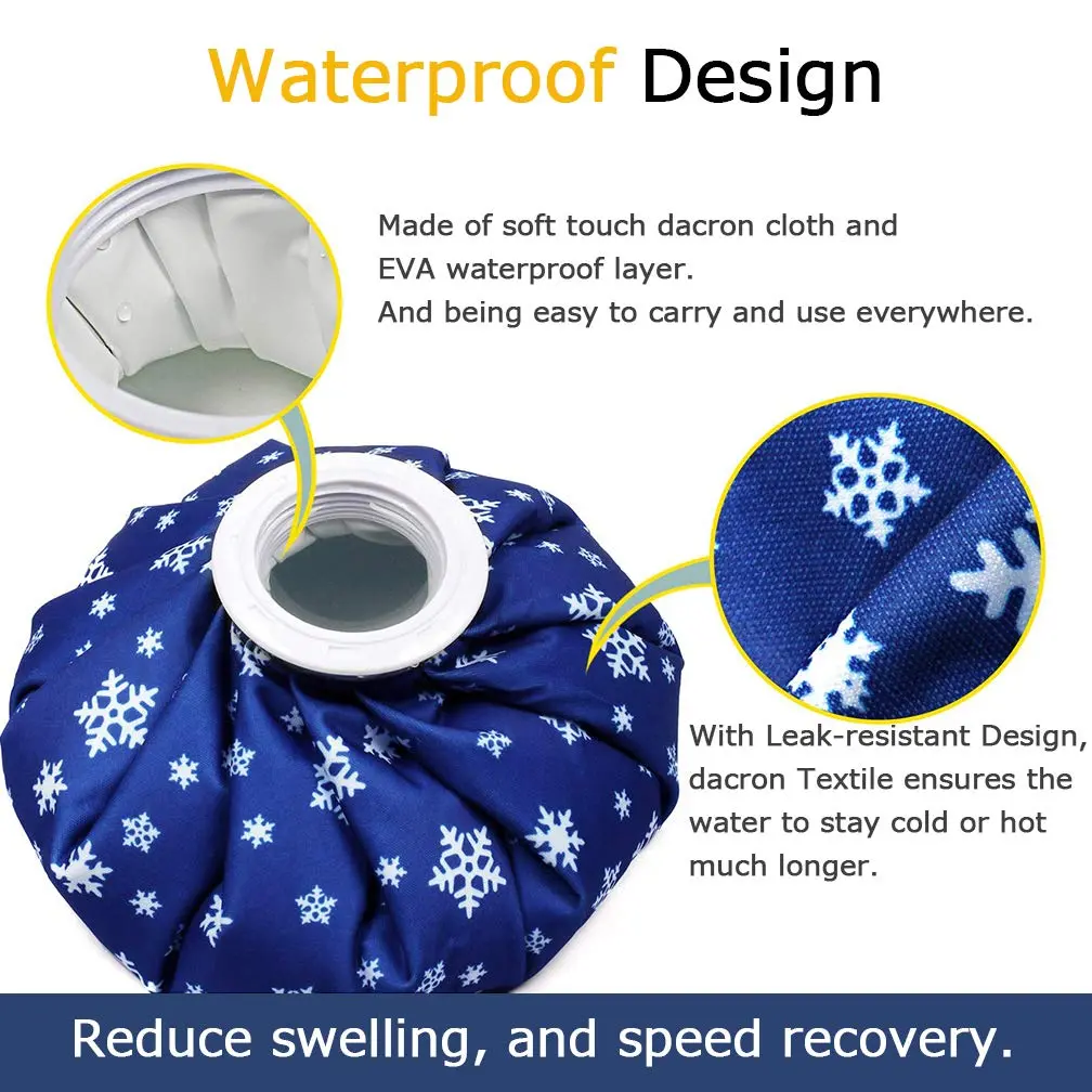 This set includes three reusable ice bags in small, medium, and large sizes, plus an elastic support wrap, for applying cold or hot therapy to relieve pain and swelling from injuries.