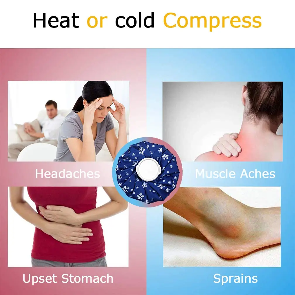 This set includes three reusable ice bags in small, medium, and large sizes, plus an elastic support wrap, for applying cold or hot therapy to relieve pain and swelling from injuries.