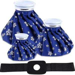 This ice bag pack includes four reusable bags in small, medium, and large sizes, plus an elastic wrap for hot and cold therapy to relieve pain and swelling from injuries.