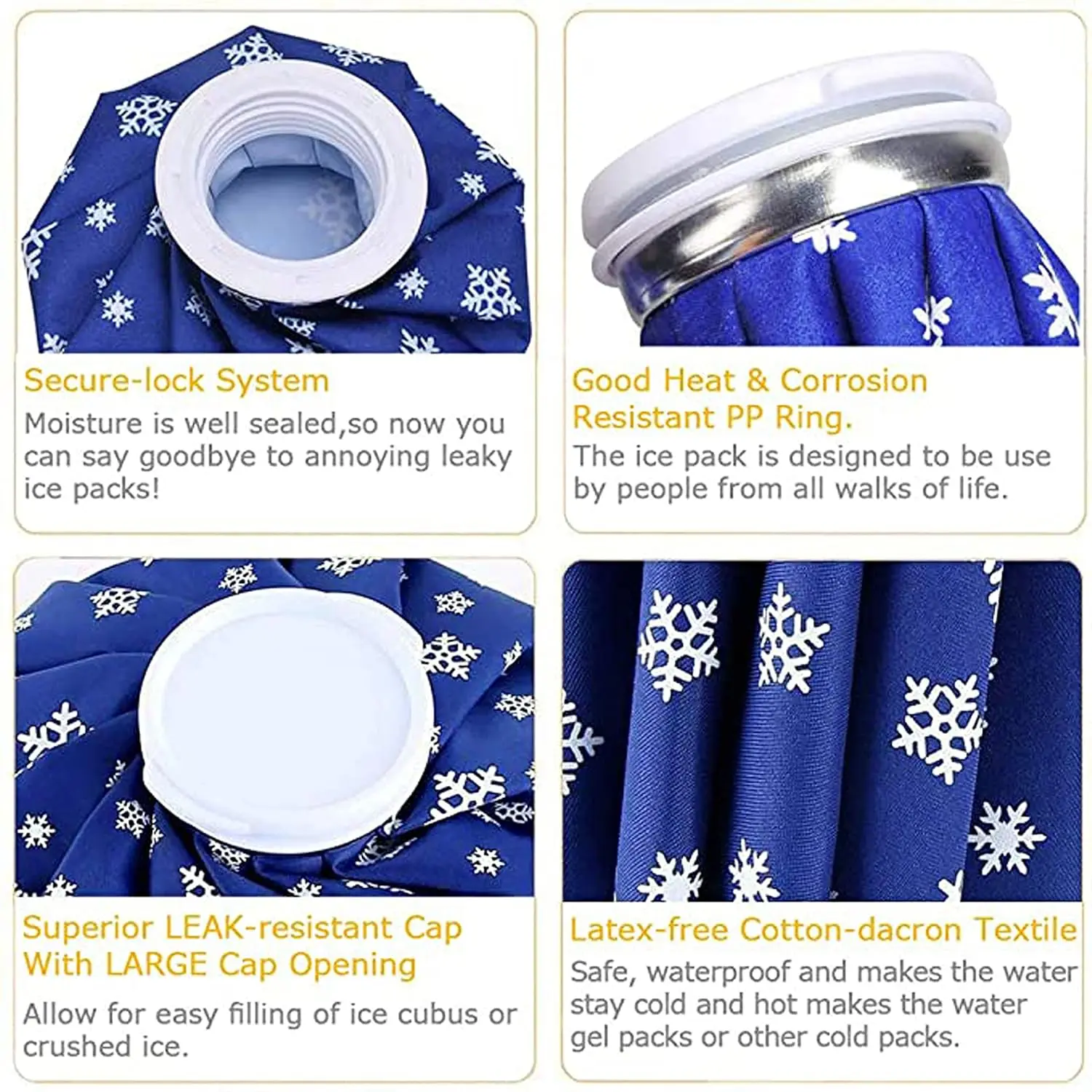 This ice bag pack includes four reusable bags in small, medium, and large sizes, plus an elastic wrap for hot and cold therapy to relieve pain and swelling from injuries.