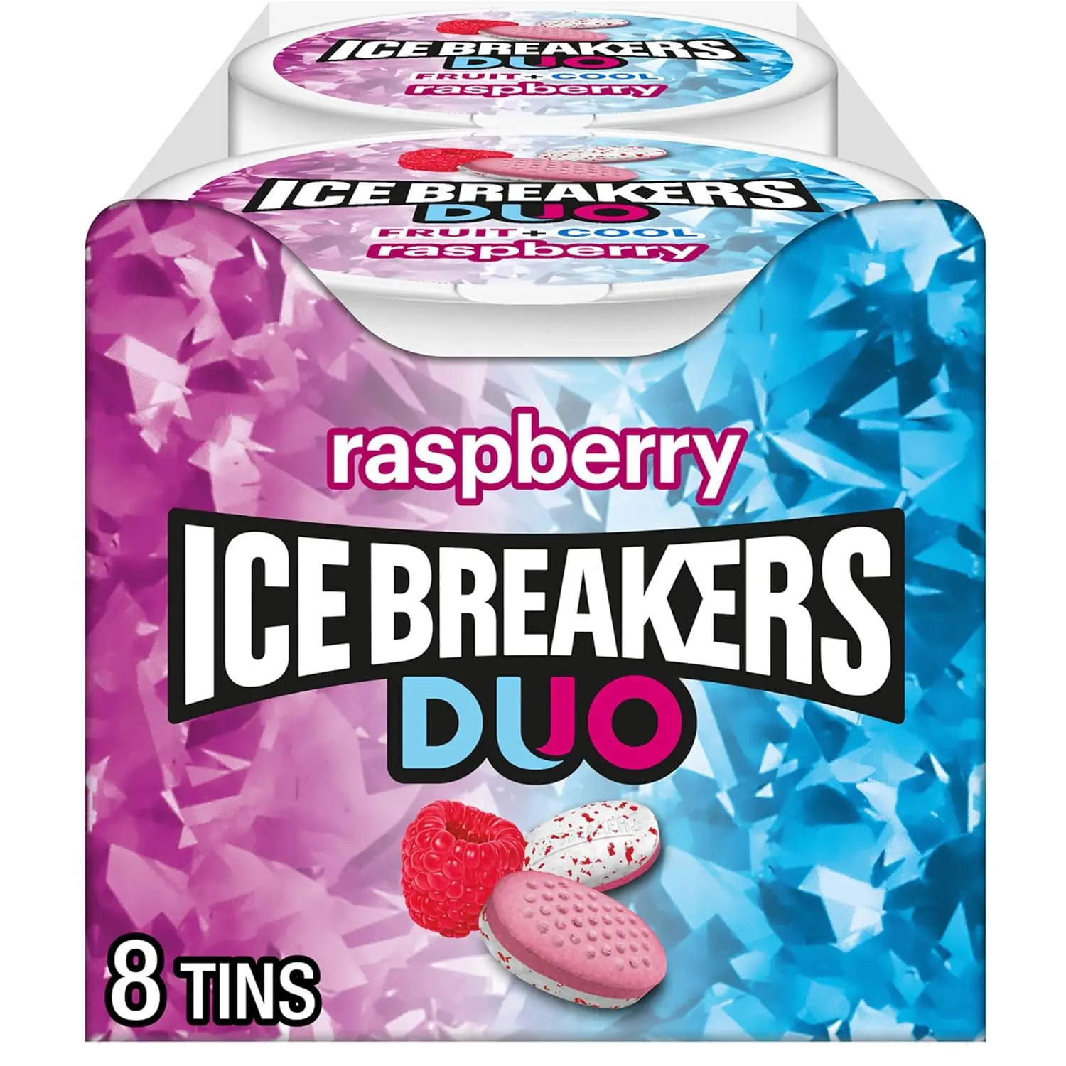 Eight tins of ICE BREAKERS DUO Raspberry flavored sugar free mints with cooling crystals for fresh breath on the go.