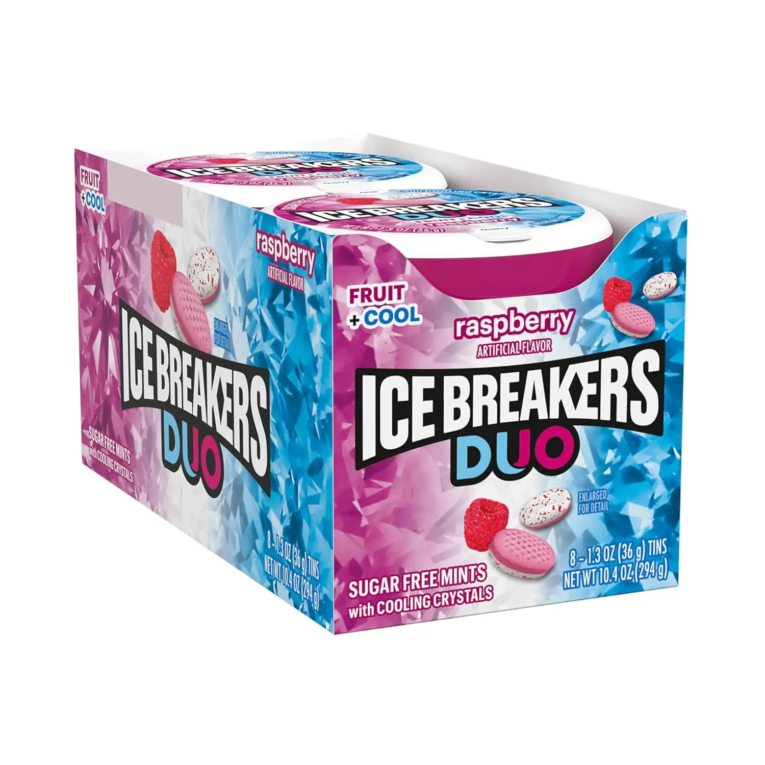 Eight tins of ICE BREAKERS DUO Raspberry flavored sugar free mints with cooling crystals for fresh breath on the go.