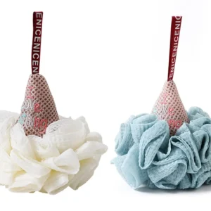 Two colorful ice cream shaped bath sponges with loofah, perfect for kids and adults to exfoliate and enjoy bath time.