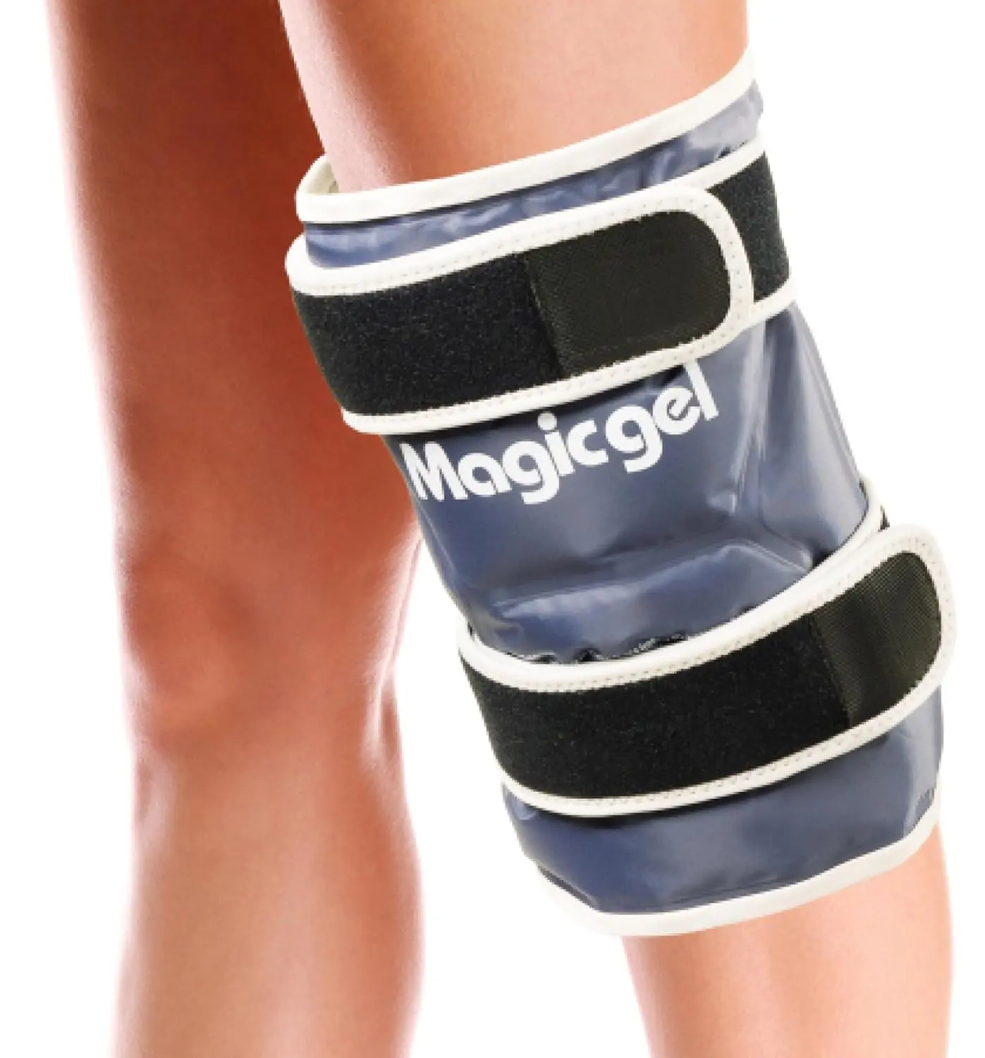 Reusable gel ice pack for knee injuries providing soothing cold therapy and compression with adjustable wraparound straps for comfortable pain relief.