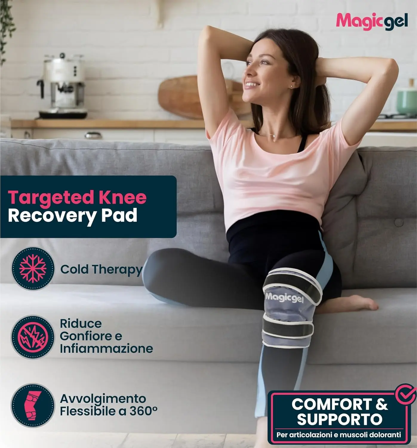 Reusable gel ice pack for knee injuries providing soothing cold therapy and compression with adjustable wraparound straps for comfortable pain relief.