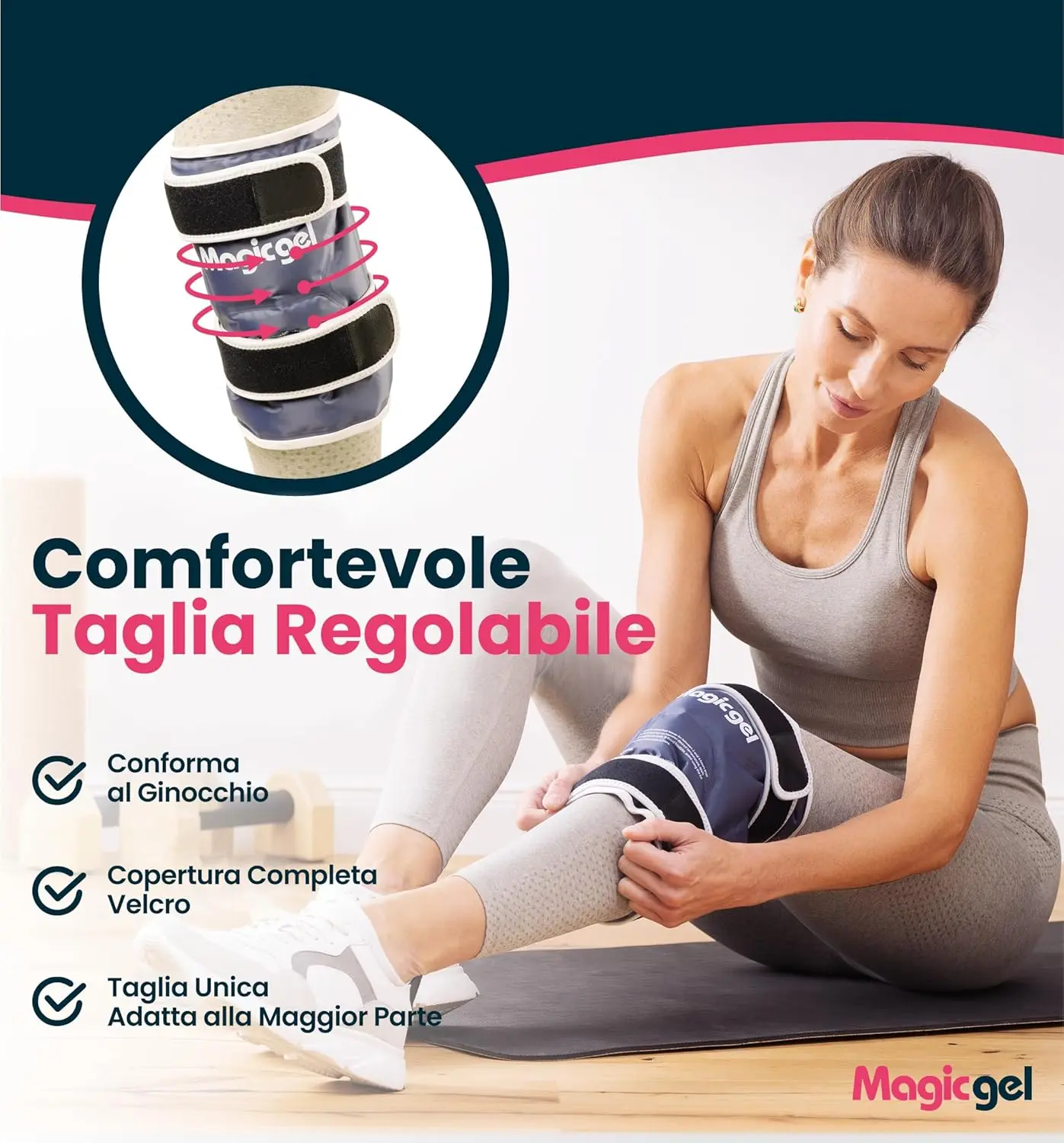 Reusable gel ice pack for knee injuries providing soothing cold therapy and compression with adjustable wraparound straps for comfortable pain relief.