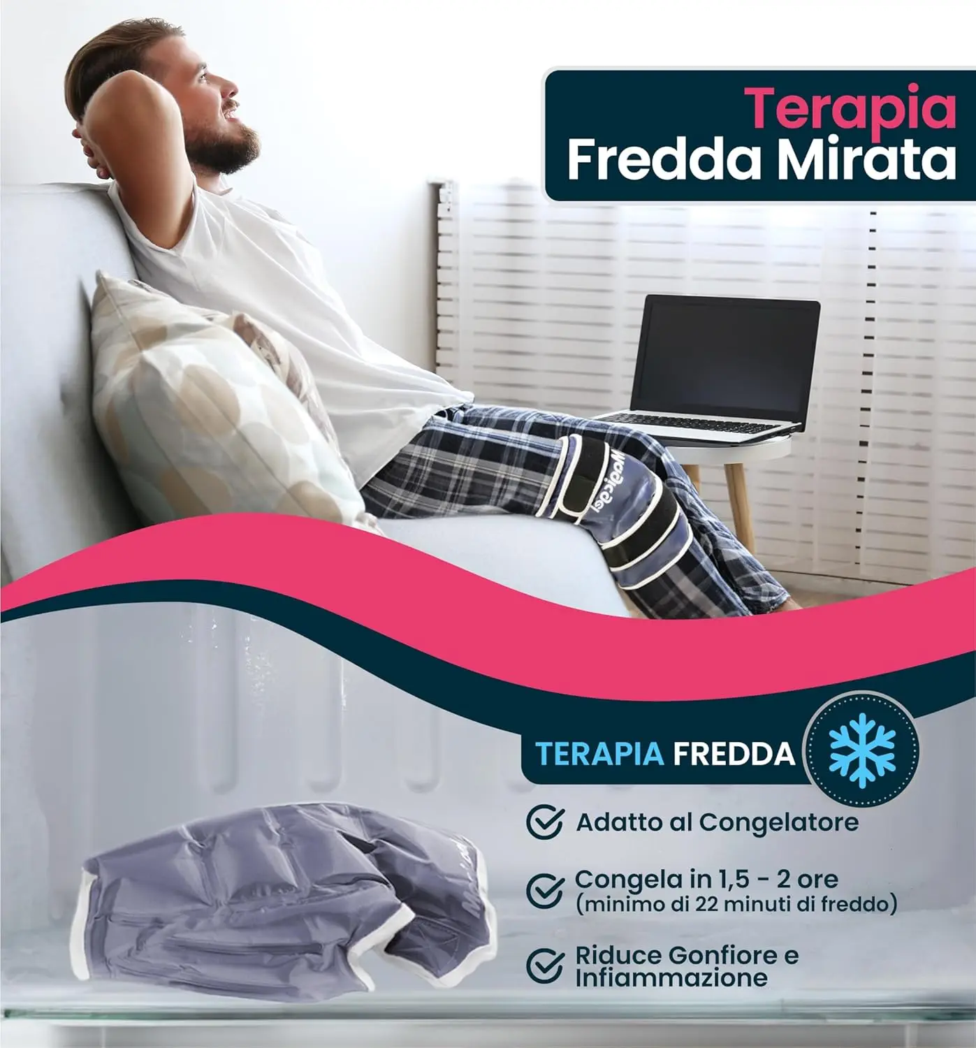 Reusable gel ice pack for knee injuries providing soothing cold therapy and compression with adjustable wraparound straps for comfortable pain relief.