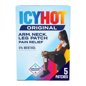 This image shows a box of Icy Hot Extra Strength Medicated Patches, small size, with five patches inside, formulated for pain relief.