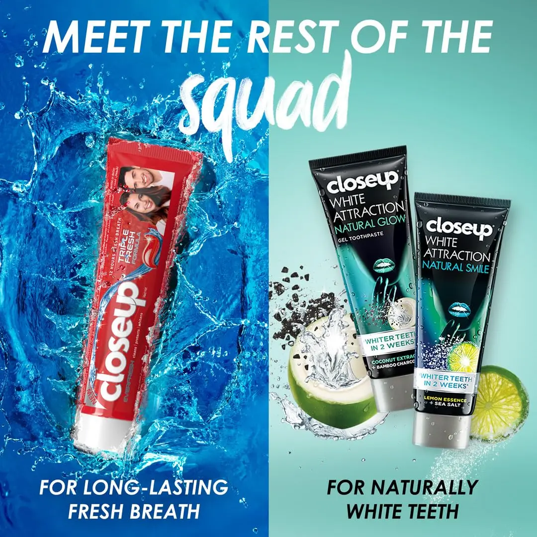 Two tubes of CLOSE UP Icy White Winterblast toothpaste for fresh breath and whiter teeth.