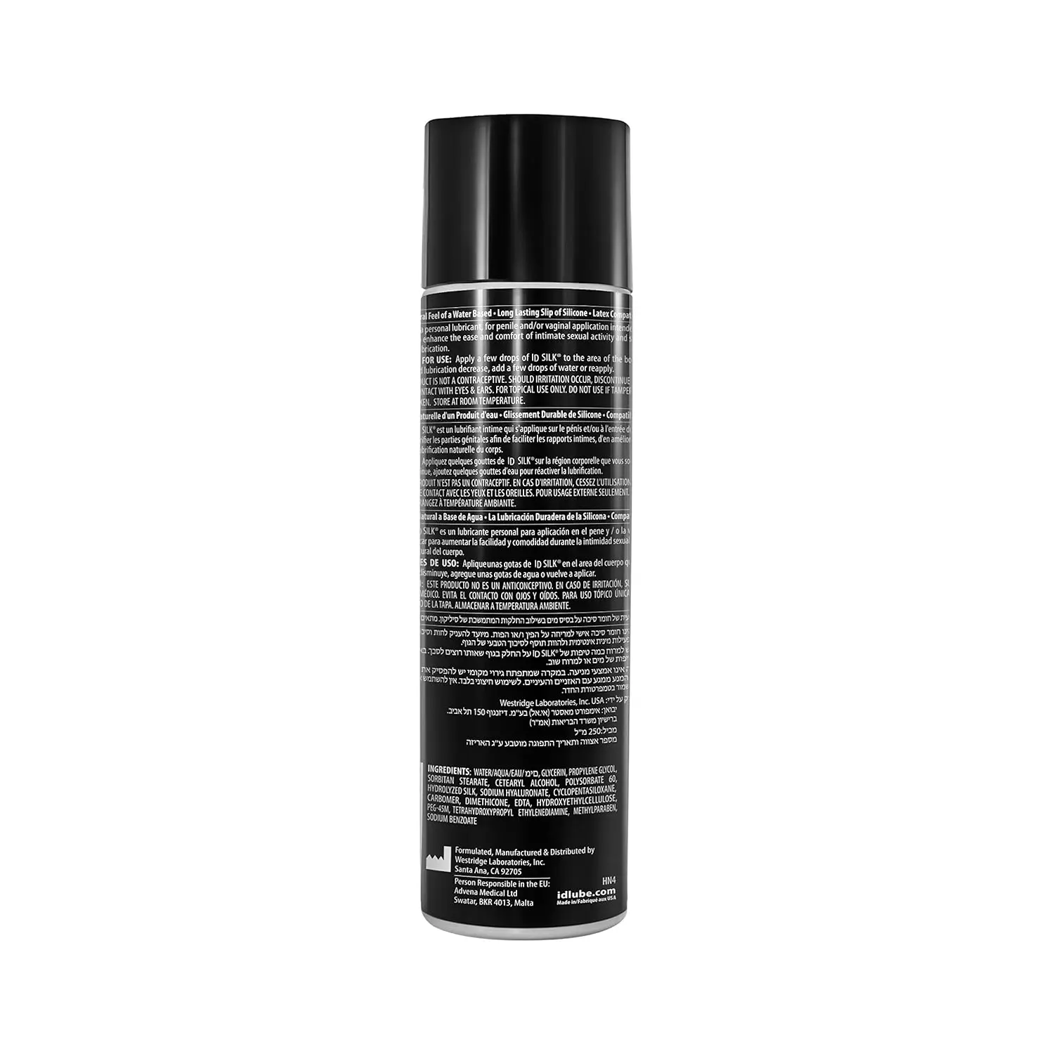 An 8.5 ounce bottle of ID Silk Lubricant, a smooth, long-lasting, non-tacky silicone and water-based personal lubricant that leaves skin feeling supple and is latex compatible.