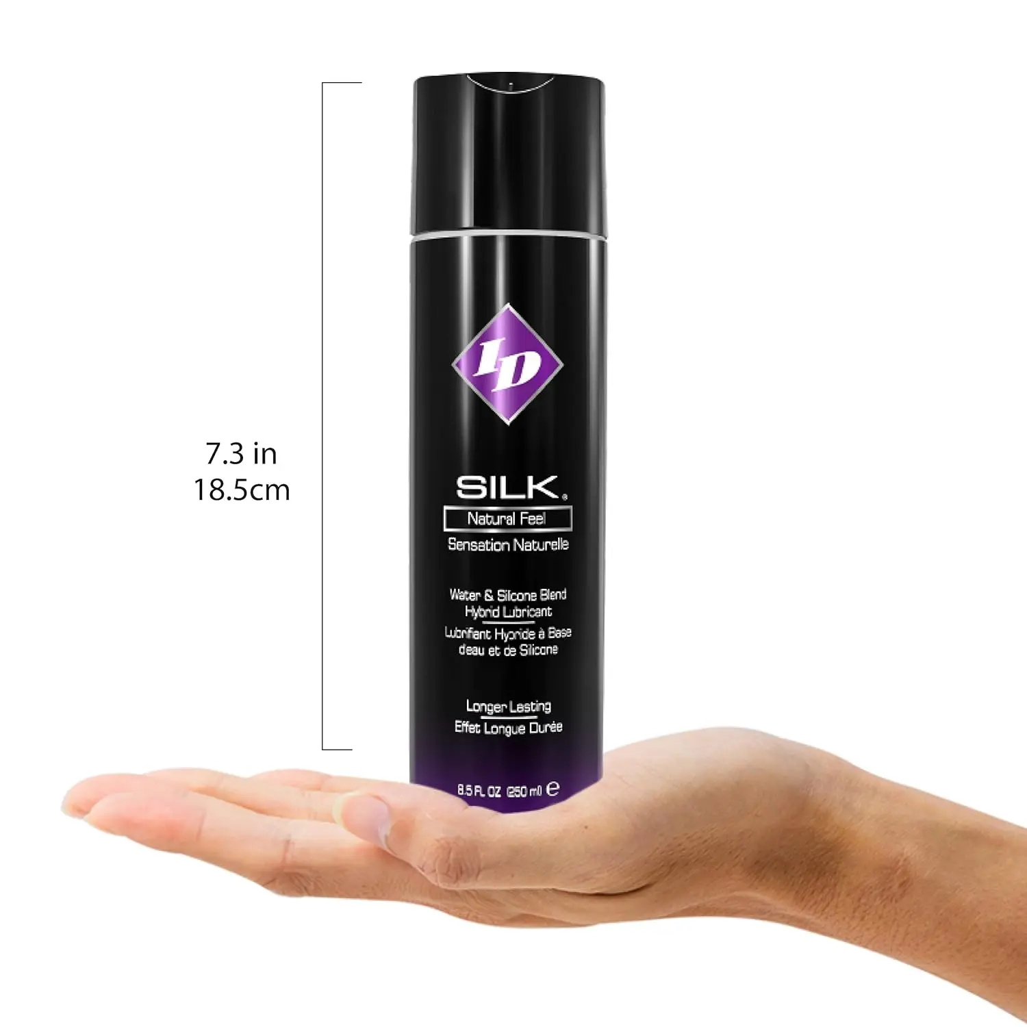 An 8.5 ounce bottle of ID Silk Lubricant, a smooth, long-lasting, non-tacky silicone and water-based personal lubricant that leaves skin feeling supple and is latex compatible.