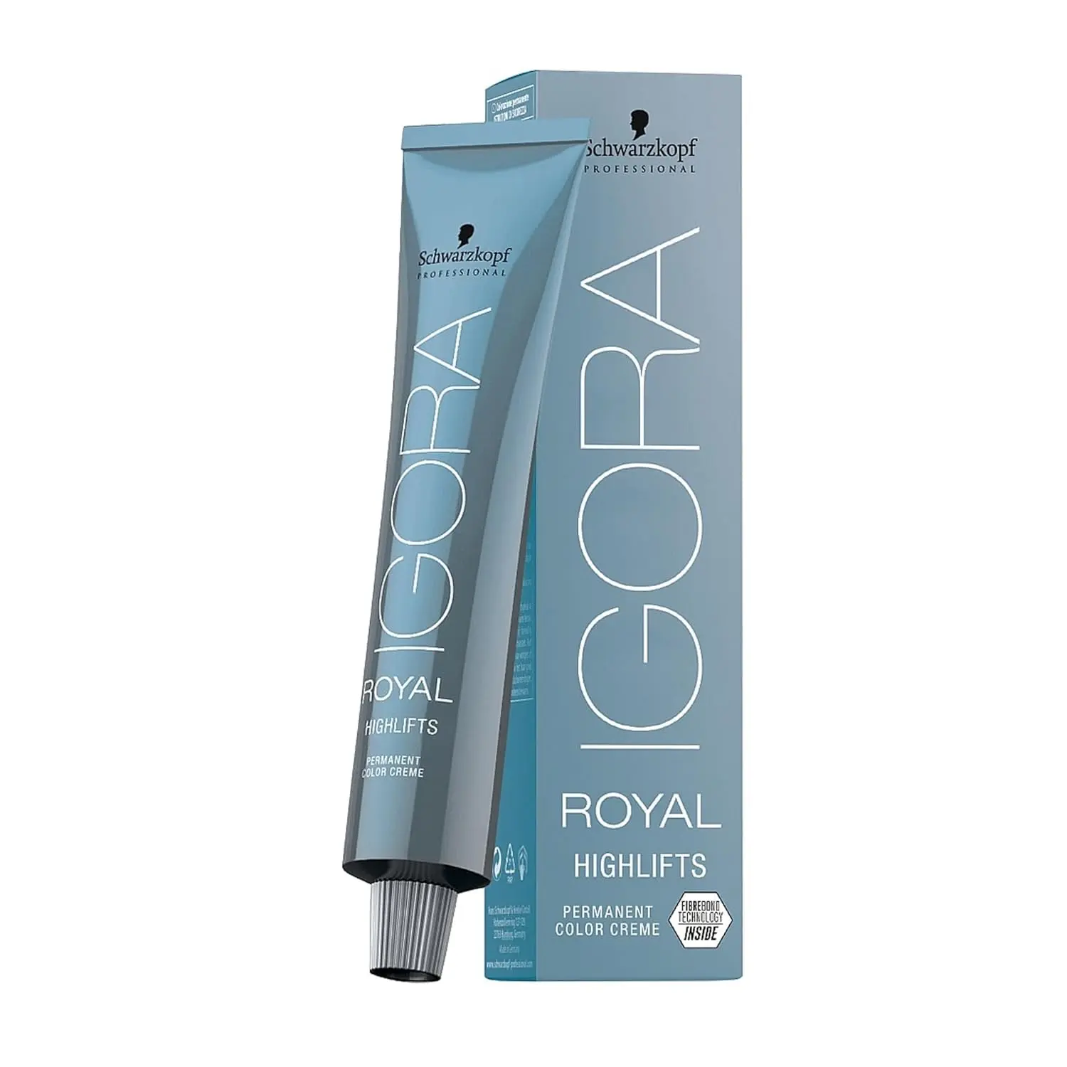 A tube of Schwarzkopf Igora Royal light brown permanent hair color, offering 100% white hair coverage up to level 9 and designed for mixing.