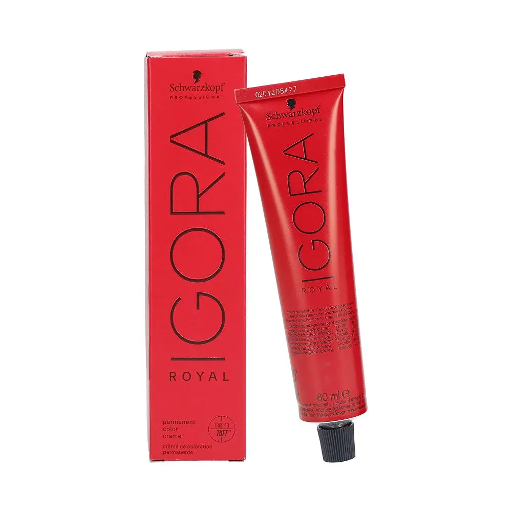 A tube of Schwarzkopf Igora Royal light brown permanent hair color, offering 100% white hair coverage up to level 9 and designed for mixing.
