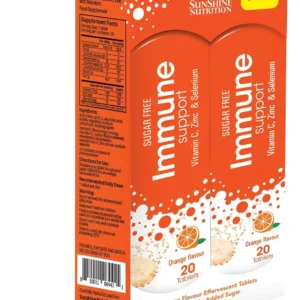 Sunshine Nutrition effervescent Vitamin C and Zinc tablets in orange flavor for immune support and antioxidant protection.