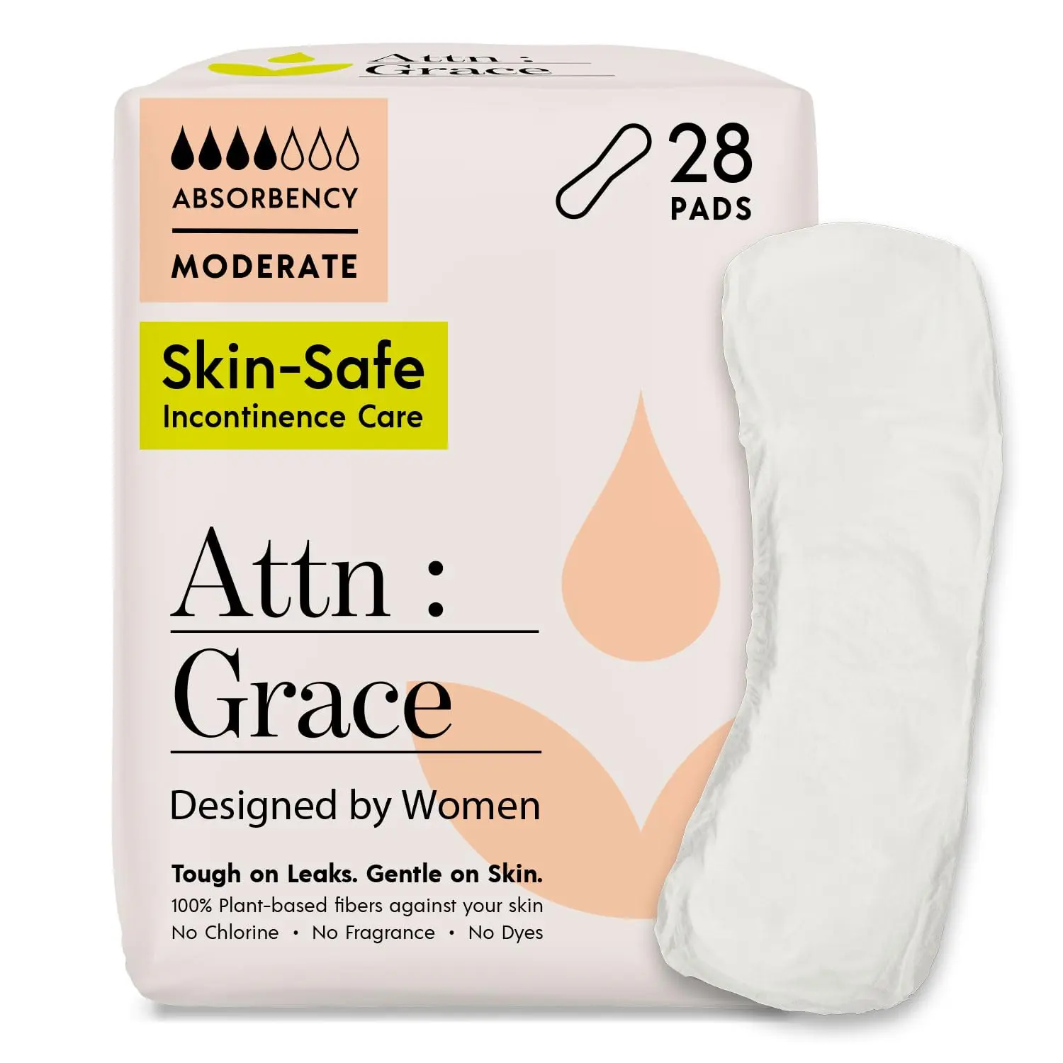 ATTN:Grace moderate absorbency incontinence pads for women provide discreet, plant-based protection from bladder leaks and are designed for sensitive skin.