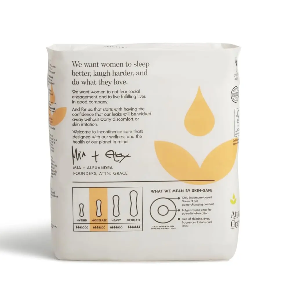 ATTN:Grace moderate absorbency incontinence pads for women provide discreet, plant-based protection from bladder leaks and are designed for sensitive skin.