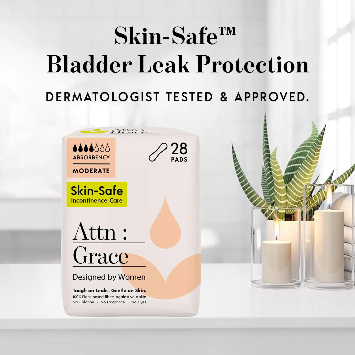 ATTN:Grace moderate absorbency incontinence pads for women provide discreet, plant-based protection from bladder leaks and are designed for sensitive skin.
