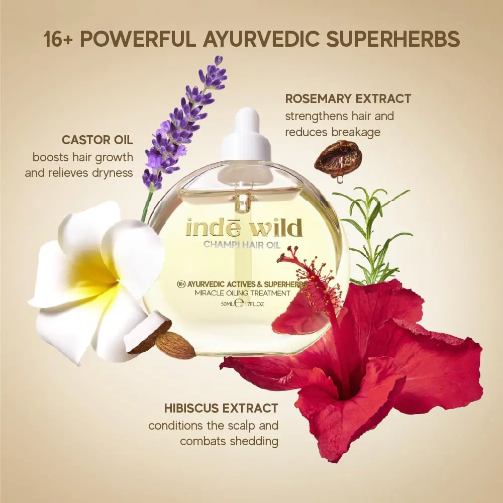 inde wild hair oil infused with Ayurvedic ingredients like Bhringraj, Brahmi, and Amla to strengthen hair, soothe the scalp, and promote healthy growth.