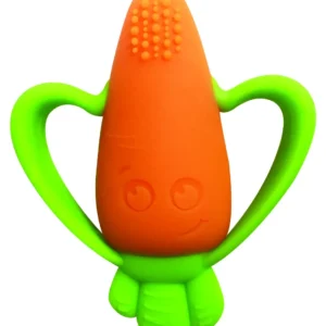 Infantino Good Bites carrot-shaped teether with two textured teething sides and an easy-to-grasp handle provides perfect teething relief for babies 0 months and up.