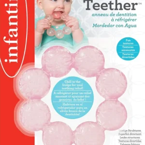Infantino grape-shaped water teether for infants aged 0-36 months, featuring an easy-to-grasp ring and textures to relieve sore gums, can be cooled for extra comfort and is BPA-free.