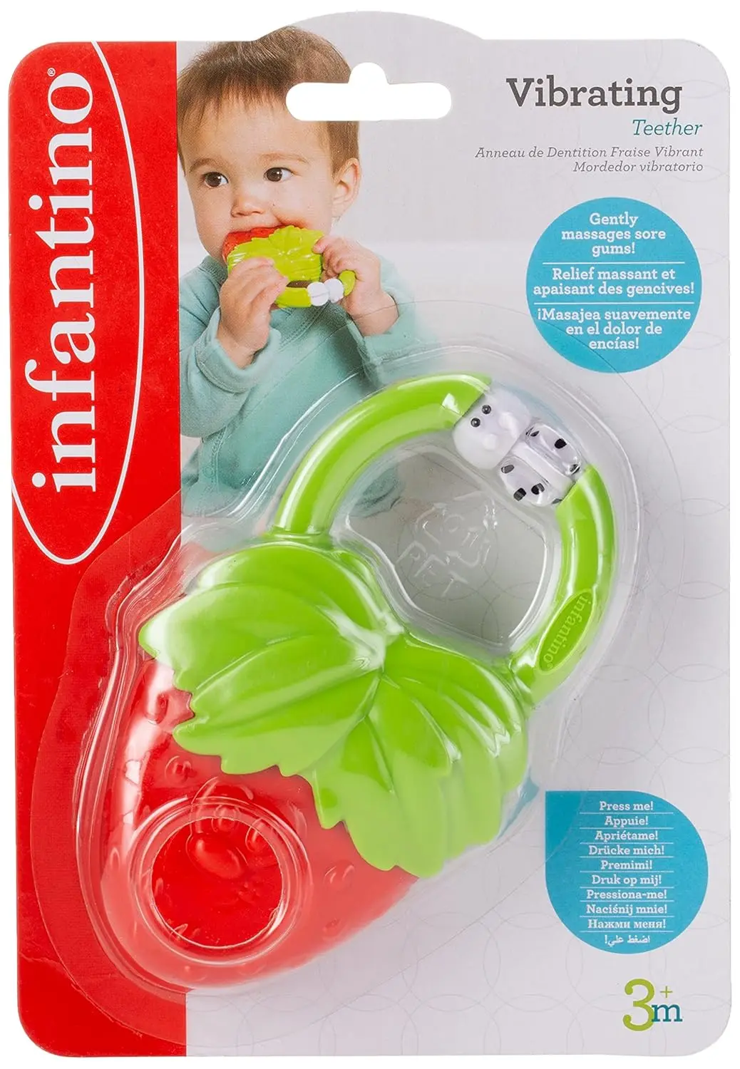 This Infantino strawberry-shaped baby teether features easy-grasp handles, bright colors, and gentle vibrations to soothe sore gums when chewed.