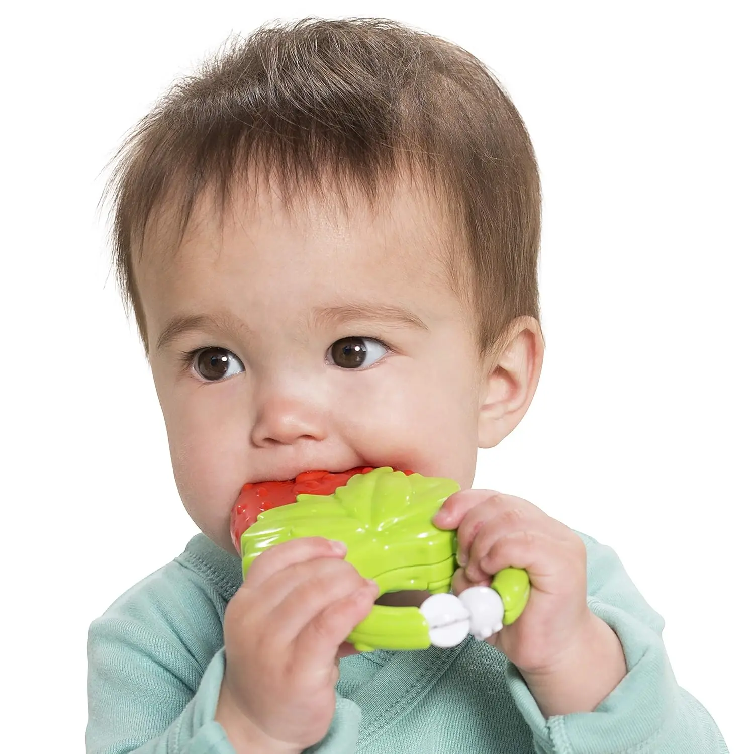 This Infantino strawberry-shaped baby teether features easy-grasp handles, bright colors, and gentle vibrations to soothe sore gums when chewed.