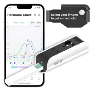 Inito fertility monitor tracks estrogen, LH, PdG, and FSH to identify six fertile days and confirm ovulation using an iPhone 14 Pro Max.