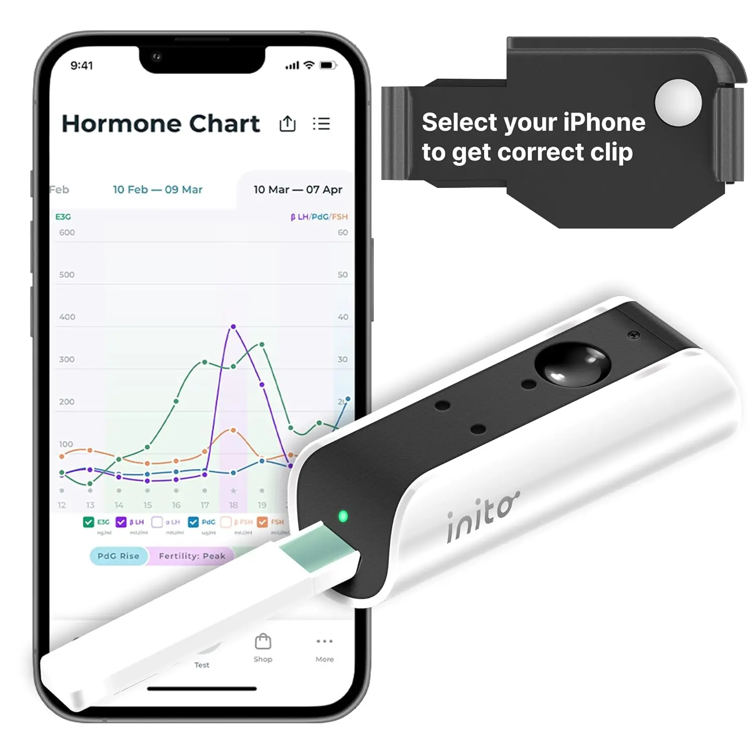 Inito fertility monitor tracks estrogen, LH, PdG, and FSH to identify six fertile days and confirm ovulation using an iPhone 14 Pro Max.