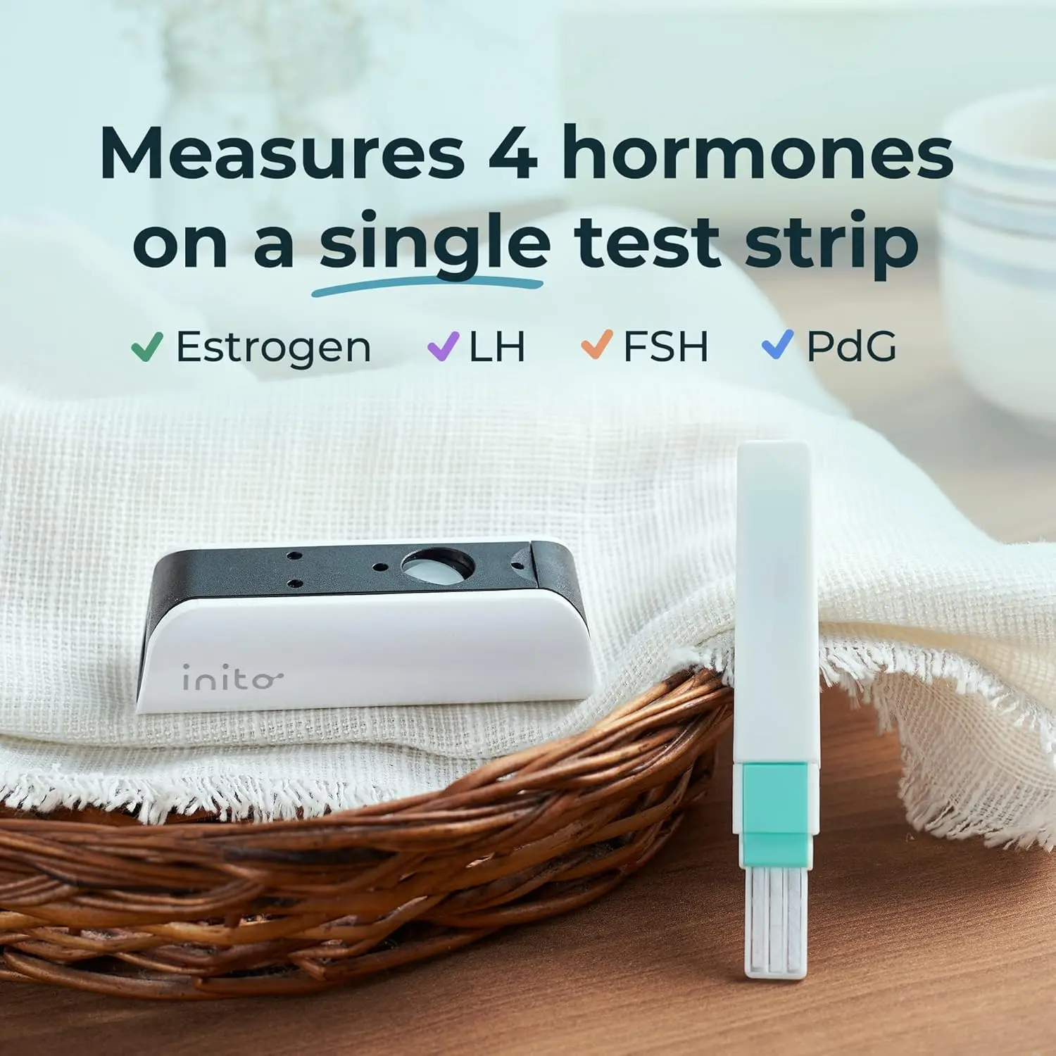 Inito fertility monitor tracks estrogen, LH, PdG, and FSH to identify six fertile days and confirm ovulation using an iPhone 14 Pro Max.