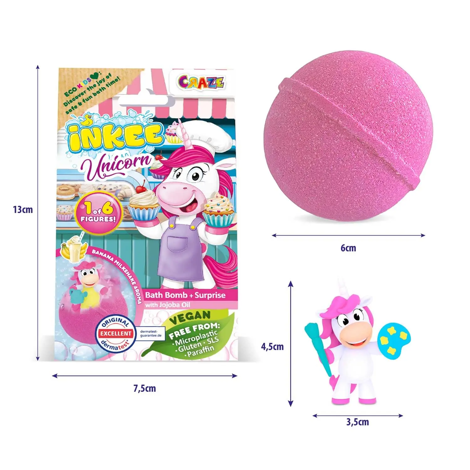 A colorful INKEE unicorn bath bomb for kids, featuring a surprise unicorn toy inside, and scented with banana.