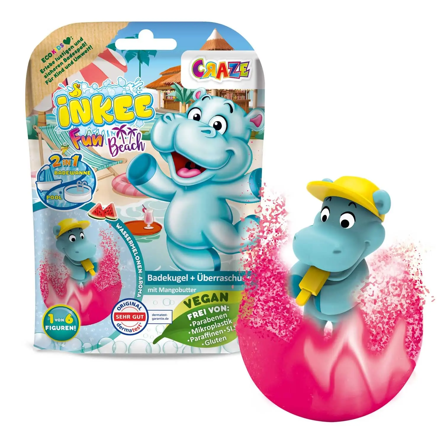 A colorful INKEE unicorn bath bomb for kids, featuring a surprise unicorn toy inside, and scented with banana.