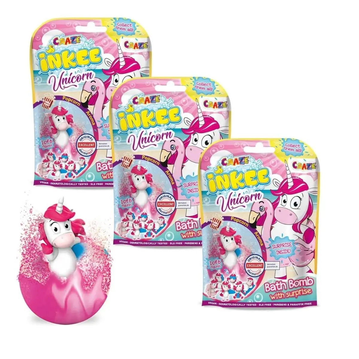A colorful INKEE unicorn bath bomb for kids, featuring a surprise unicorn toy inside, and scented with banana.