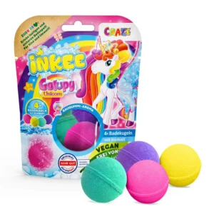 Four colorful, fragrant INKEE Galupy unicorn bath bombs with bubblegum scent and jojoba oil, perfect for creating a fun, skin-softening bath experience for children.