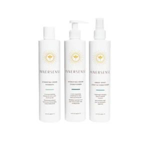 The Innersense Organic Beauty Hydrate Trio includes a full-size hydrating cream hairbath, hydrating cream conditioner, and sweet spirit leave-in conditioner, ideal for thick, coarse, dry, or curly hair that is color-safe and made with ethically sourced, organic ingredients.