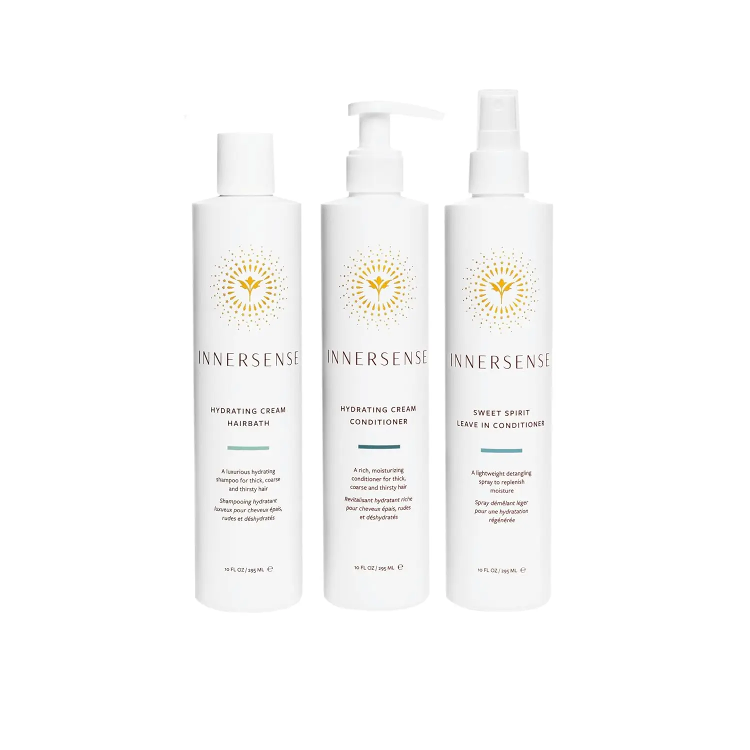 The Innersense Organic Beauty Hydrate Trio includes a full-size hydrating cream hairbath, hydrating cream conditioner, and sweet spirit leave-in conditioner, ideal for thick, coarse, dry, or curly hair that is color-safe and made with ethically sourced, organic ingredients.
